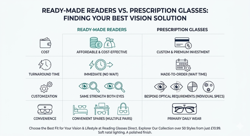Ready-made readers versus prescription glasses feature comparison