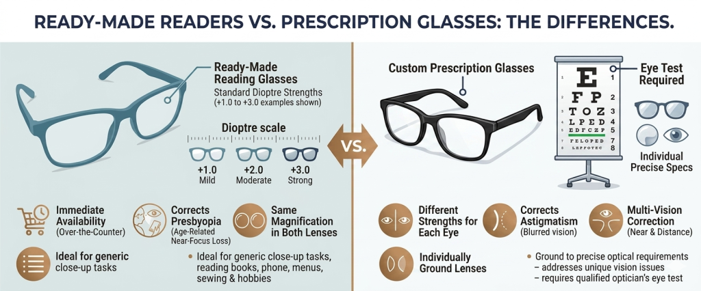 Ready-made reading glasses versus prescription glasses comparison