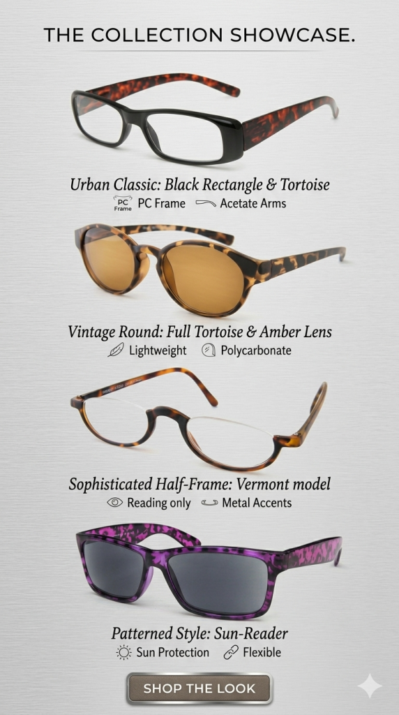 Product grid of different reading glasses styles